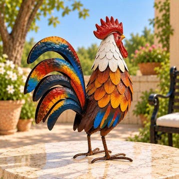 Vintage Colorful Rooster Sculpture - sculptuur, Handcrafted
