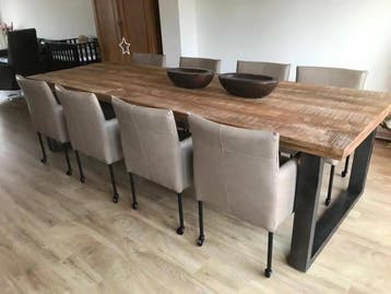 Set van 8 bruine leren kuip eetkamerstoelen met wieltjes -, Ophalen of Verzenden, Nieuw, Eén