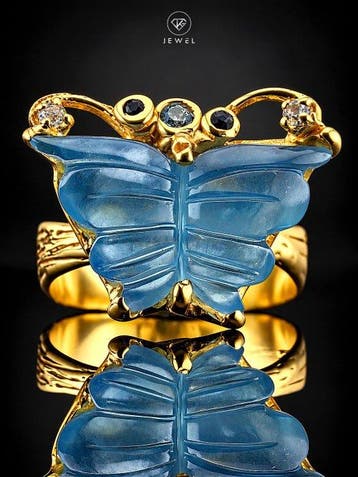 Aquamarijn vlinderring - goudverguld sterlingzilver 925 -, Antiek en Kunst