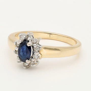 Bague - 14 carats Or jaune, Or blanc Saphir - Diamant -