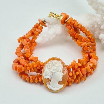 Koraal - Zilver, Verguld - Armband - Koraal Sciacca en cameo, Antiquités & Art