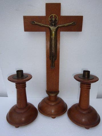 Art Deco Altaarstuk (3) - Hout, Koper, Messing - 1920-1930 -