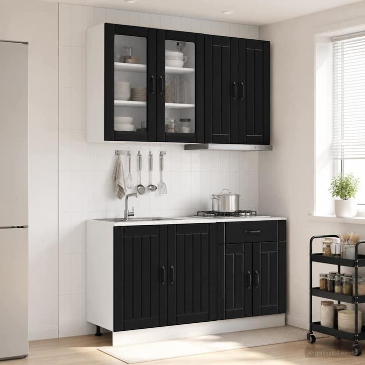 vidaXL Keukenblok LUCCA 4 pcs Zwart Bewerkt hout, Maison & Meubles, Armoires | Autre, Envoi