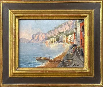 Giuseppe Gianni (1829-1885) - Veduta costiera con barche e, Antiek en Kunst, Kunst | Schilderijen | Klassiek