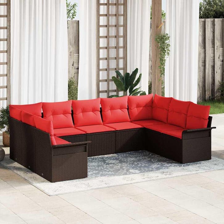 vidaXL Tuinbank Set met kussen 9 pcs Bruin poly rattan, Tuin en Terras, Tuinsets en Loungesets, Nieuw, Verzenden