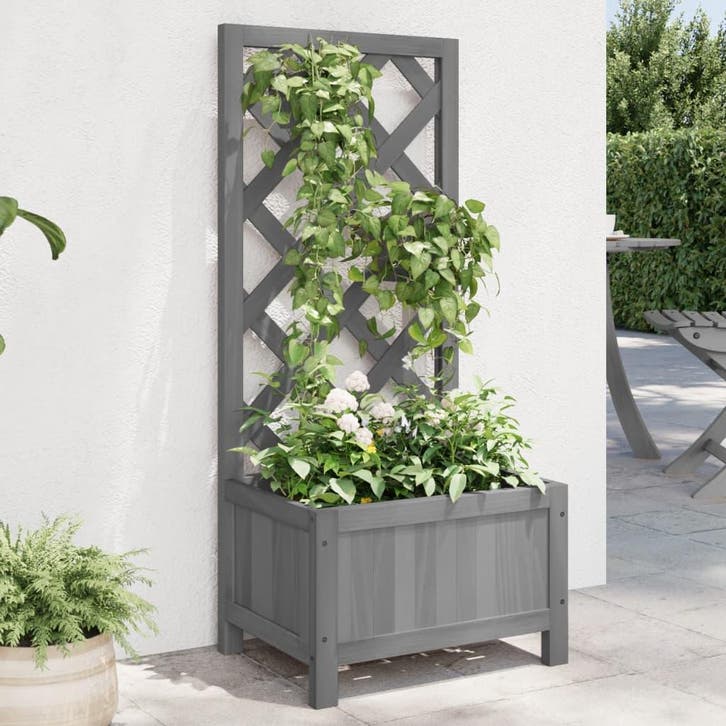 vidaXL Plantenbak met latwerk massief vurenhout grijs, Tuin en Terras, Bloempotten, Nieuw, Verzenden