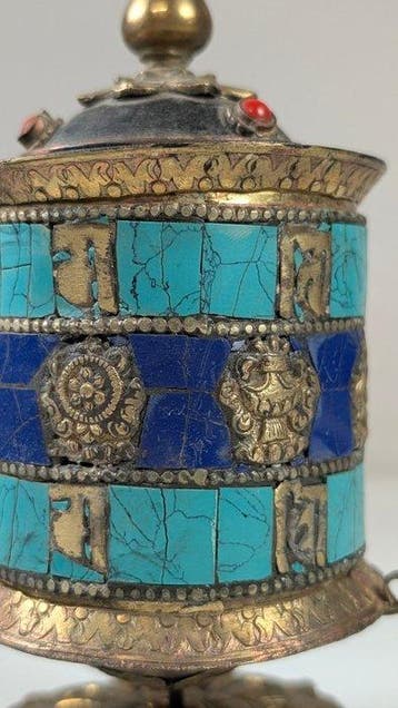 Gebedsmolen of gebedswiel - Brons / koper / turkoois en