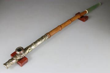 Opiumpijp, Chinees model, van bamboe - Bamboe, Zilver,