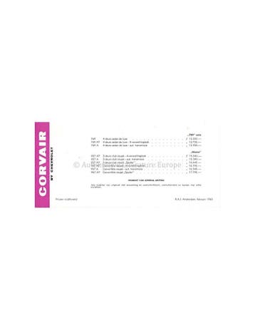 1963 CHEVROLET CORVAIR PRIJSLIJST LEAFLET NEDERLANDS