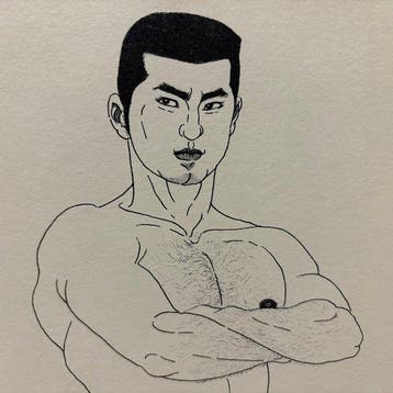 Twee gespierde mannen - Lithografie Mishima G gash