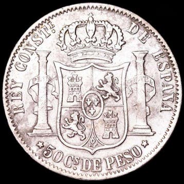 Spanje. Alfonso XII. 50 centavos de peso Manila, para