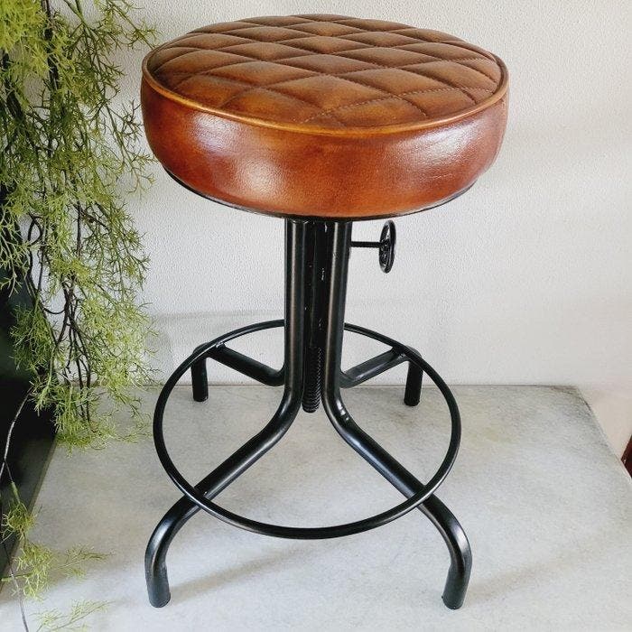 Verstelbare Lage kruk Tot Barkruk - Kruk - Vintage - Leder,, Antiquités & Art, Antiquités | Assiettes décoratives & Carrelages