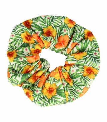 Haarelastiek Scrunchie – Bloemenprint – Gladde Stof – Oranje, Nieuw