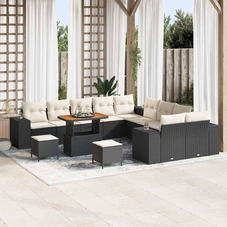vidaXL Tuinbank Set 13 st Zwart en Crème poly rattan, Tuin en Terras, Tuinsets en Loungesets, Nieuw, Verzenden