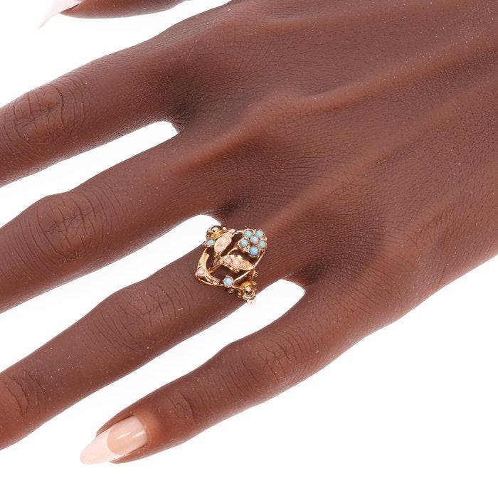 Bague - 18 carats Or jaune, Or rose - Perle - turquoise,, Handtassen en Accessoires, Ringen