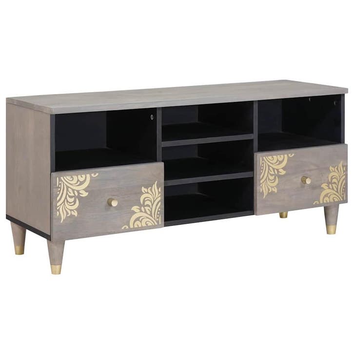 vidaXL TV Kast met lade Grijs 100 x 33 x 46 cm Massief Mango, Huis en Inrichting, Woonaccessoires | Cd- en Dvd-rekken, Nieuw, Verzenden