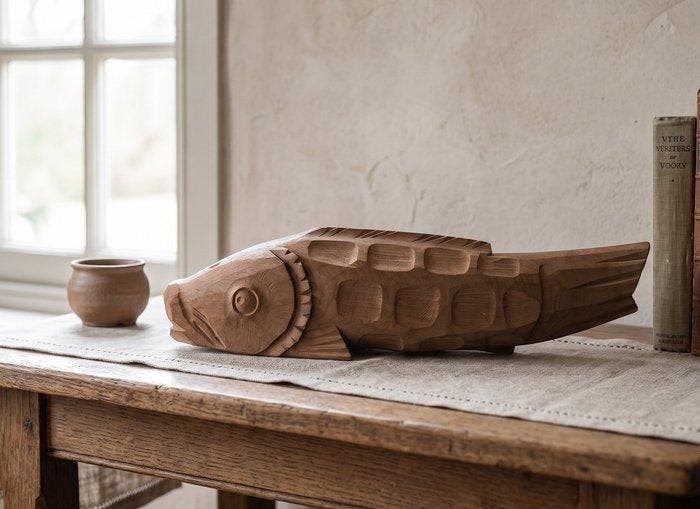 Houten beeld van een karper uit één stuk met tomobako - Hout, Antiek en Kunst, Antiek | Overige Antiek