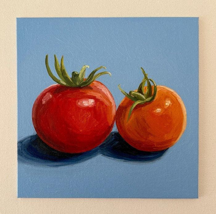 Cansu Rossi - Tomatoes on Blue, Antiquités & Art, Art | Peinture | Moderne