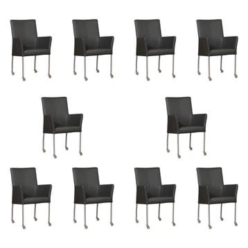 Set van 10 Leren eetkamerstoelen Comfort met wieltjes en, Ophalen of Verzenden, Nieuw, Leer, Eén