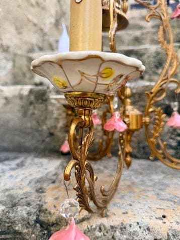 Lustre - Laiton, Porcelaine, Verre - Lustre Doré, Antiquités & Art