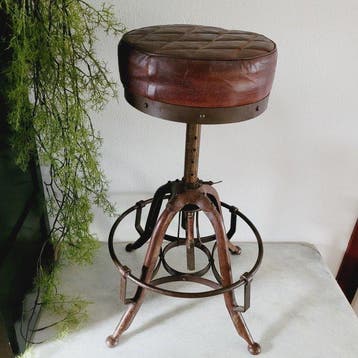 Verstelbare Kruk - Kruk - Vintage - Leder, Metaal -