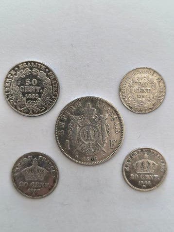 France. Lot de 5 monnaies en argent, 1850/1882 (Sans prix de