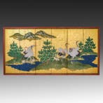 Vouwscherm met een idyllisch landschap en kraanvogels -