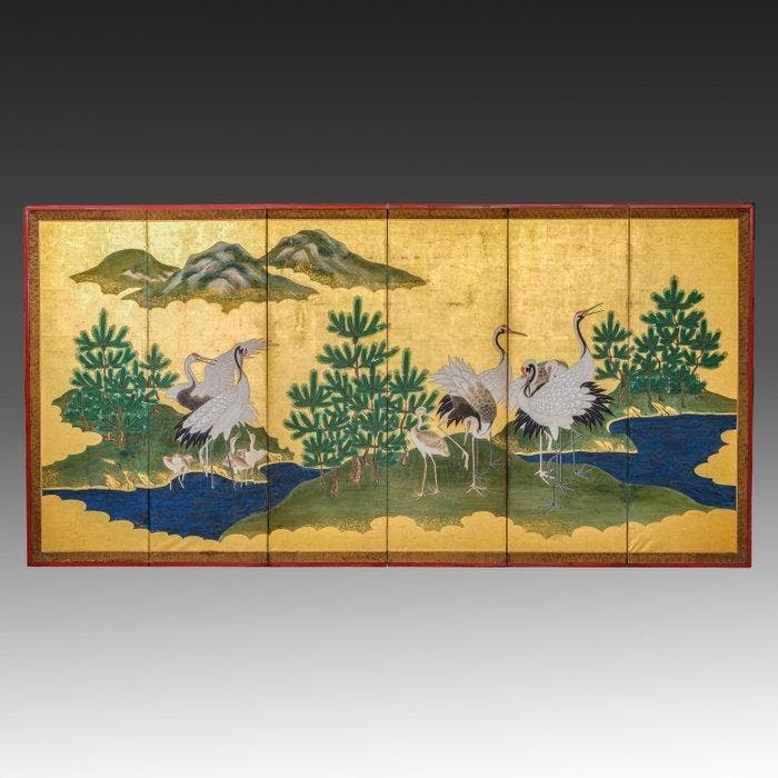 Vouwscherm met een idyllisch landschap en kraanvogels -, Antiquités & Art, Antiquités | Autres Antiquités