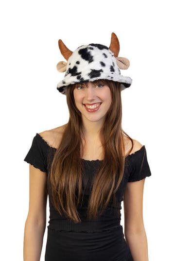 KIMU® Buckethat Koe Zwart Wit Fleece Hoed Hoorns Oren Vlekke, Ophalen of Verzenden, Nieuw