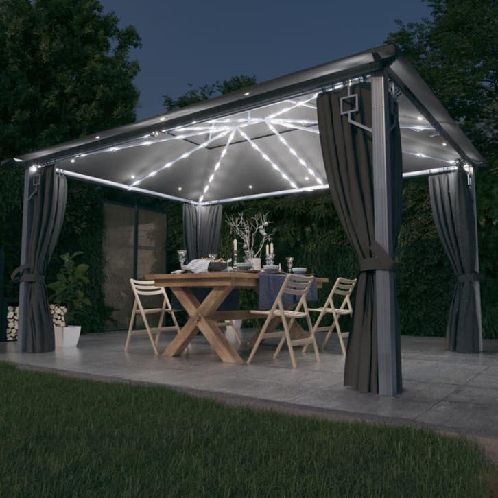 vidaXL Prieel met gordijn LED-lichtslinger 4x3 m aluminium, Tuin en Terras, Partytenten, Nieuw, Verzenden