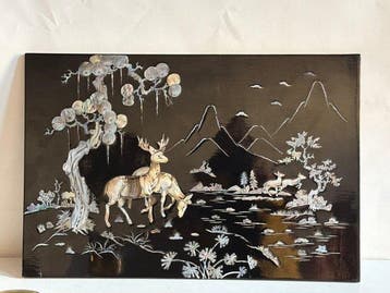 Panneau - Tableau en Bois Laqué et Marqueterie de Nacre -, Antiquités & Art