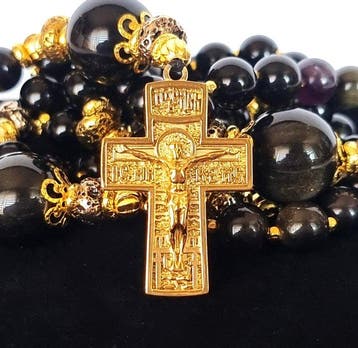 Zilveren obsidiaan & pyriet – Orthodoxe rozenkrans – Kruis