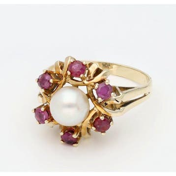 Bague - 14 carats Or jaune Rubis - Perle, Nieuw
