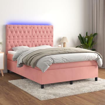 vidaXL Boxspring met matras en LED fluweel roze 140x200 cm, Verzenden, Nieuw