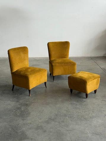 Fauteuil avec repose-pied - Bois, Textile - Petit salon Art, Antiquités & Art