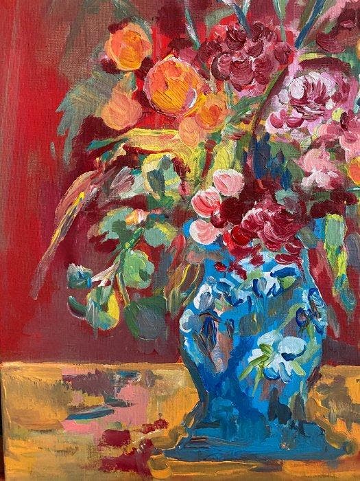 Marylène Madou - Hydrangea bouquet with ceramic vase, Antiek en Kunst, Kunst | Schilderijen | Modern