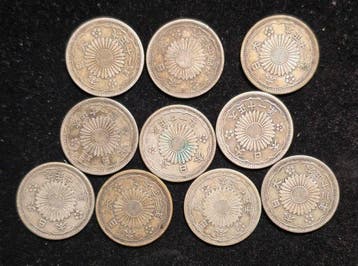 Japan. 50 Sen 1922-1938 Phoenix (Lot of 10 coins) 48.8g