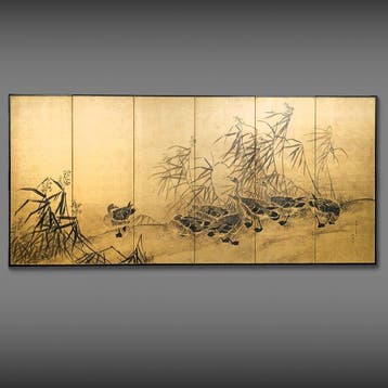 Vouwscherm met ganzen sumi-e - Papier, Goudblad, gelakt hout