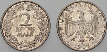 2 Reichsmark 1931 G Kleinmunten Weimarer Republik Weimare..., Verzenden