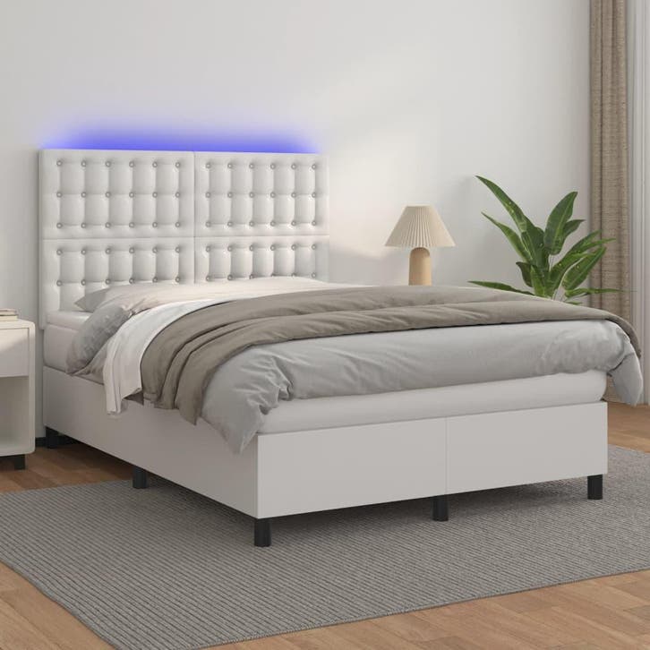vidaXL Boxspring met matras en LED kunstleer wit 140x200 cm, Maison & Meubles, Chambre à coucher | Lits, Envoi