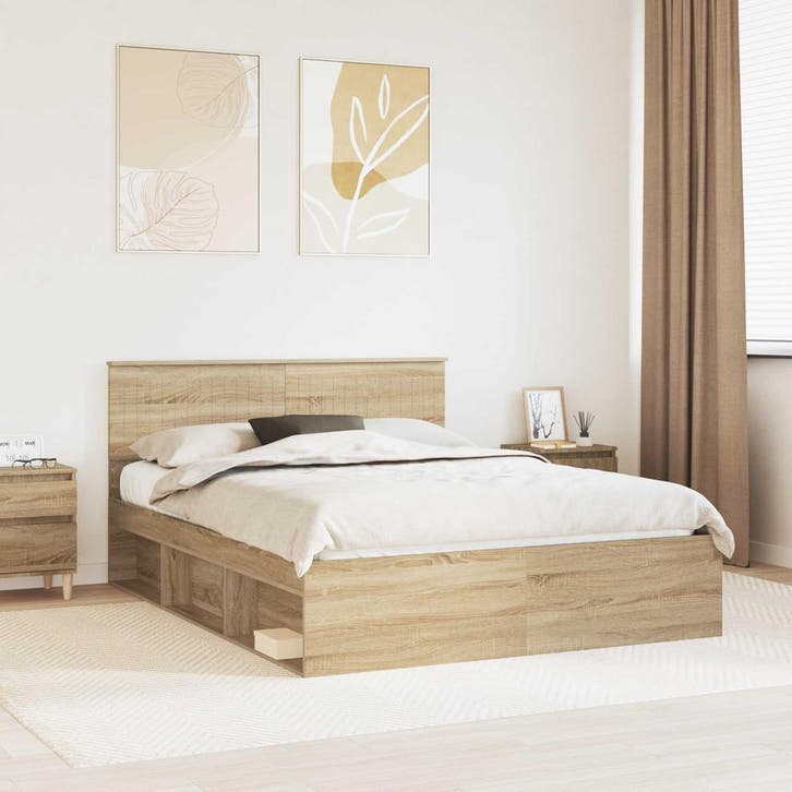 vidaXL Bedframe Sonoma Eik 150 x 200 cm Massief grenenhout, Huis en Inrichting, Slaapkamer | Bedden, Nieuw, Verzenden