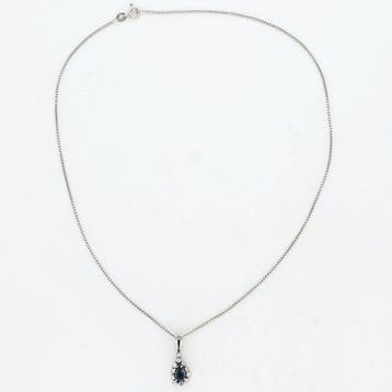 Collier avec pendentif - 14 carats Or blanc Saphir - Diamant