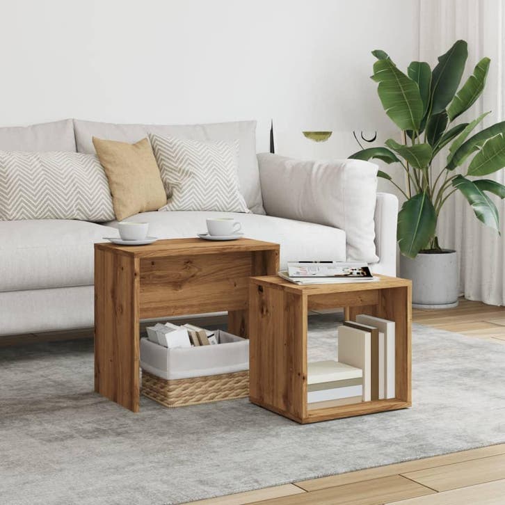 vidaXL 2-delige Tafeltjesset bewerkt hout artisanaal, Huis en Inrichting, Tafels | Salontafels, Nieuw, Verzenden