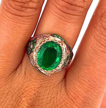 Zonder minimumprijs - Ring - 9 kt. Roségoud, Zilver Smaragd, Handtassen en Accessoires, Ringen, Nieuw