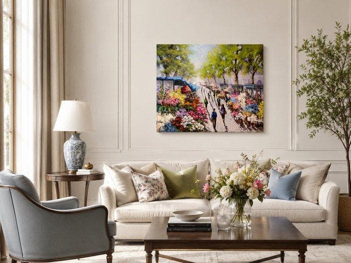 Catalan school (XX) - Flowers Along The Rambla, Antiek en Kunst, Kunst | Schilderijen | Klassiek
