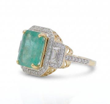 Cocktailring - 14 karaat Geel goud - 4.11ct. tw. Smaragd -