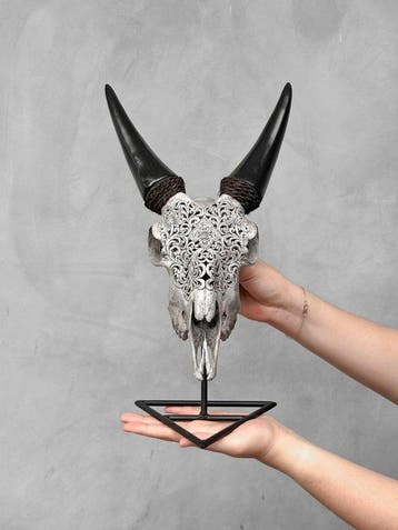 PAS DE PRIX DE RÉSERVE - Crâne de chèvre gris sculpté à la