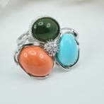 Corail rouge - Argent - Bague - Turquoise corail et jade