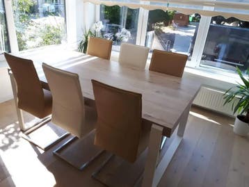 Set van 6 leren eetkamerstoelen met sledepoot RVS - diverse, Ophalen of Verzenden, Nieuw, Eén