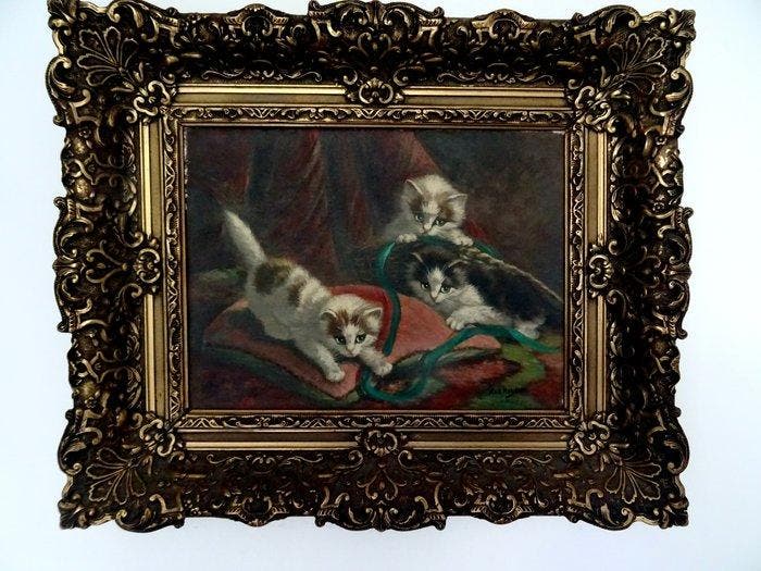 A. v.d. Heijden (XX) - De rustende poes, Antiek en Kunst, Kunst | Schilderijen | Klassiek